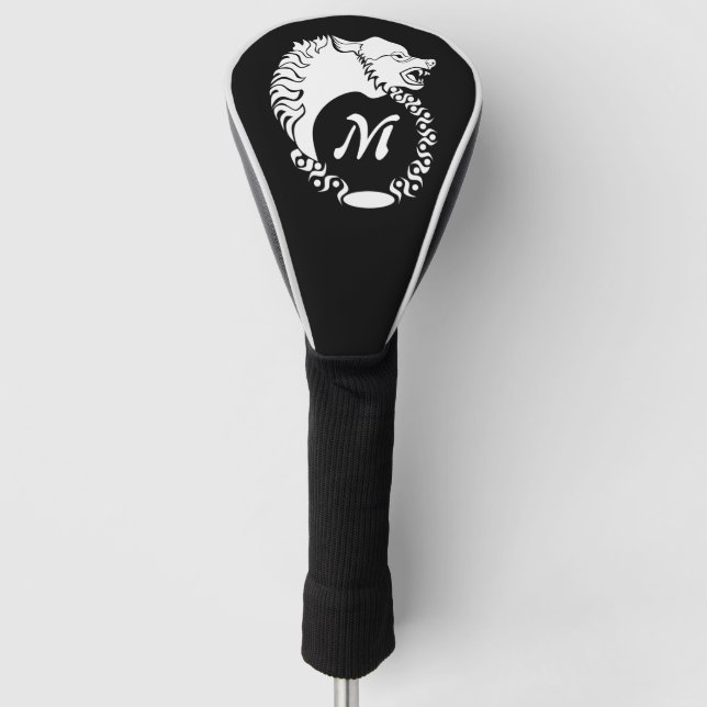 Tribal White Wolf Head Silhouette Laurel Monogram Golf Head Cover (Front)