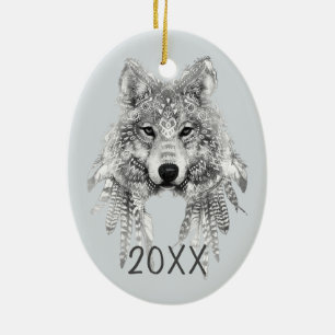 Tribal Wolf Customizable Keepsake Year Ceramic Ornament