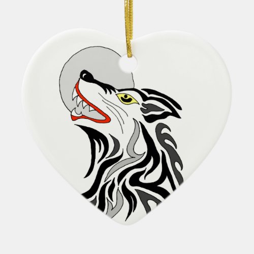 tribal wolf howl at the moon ceramic ornament