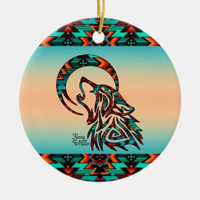 Tribal Wolf Howling At The Moon Ceramic Ornament (Front)