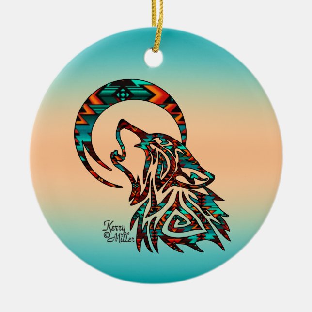 Tribal Wolf Howling At The Moon Ceramic Ornament (Front)