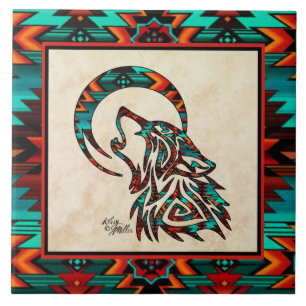Tribal Wolf Howling At The Moon Ceramic Tile