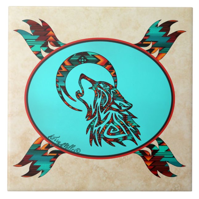 Tribal Wolf Howling At The Moon Ceramic Tile (Front)