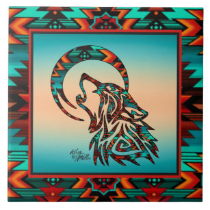 Tribal Wolf Howling At The Moon Ceramic Tile