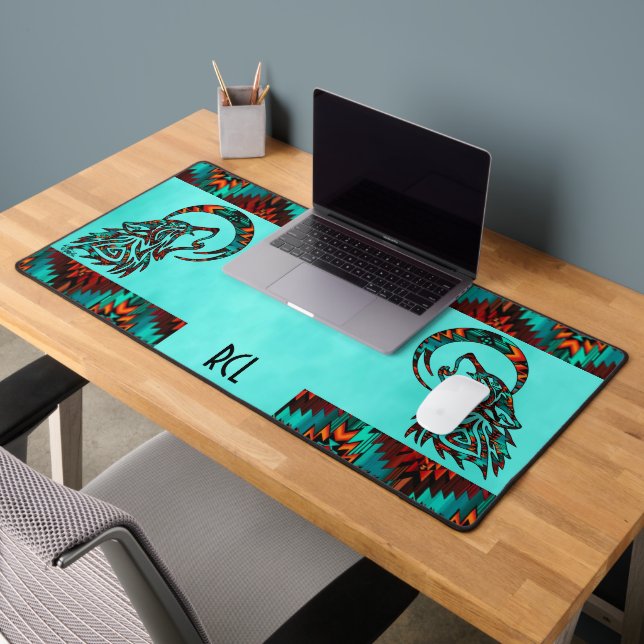 Tribal Wolf Howling At The Moon Desk Mat (Office 2)