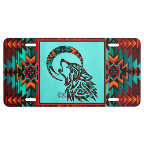 Tribal Wolf Howling At The Moon License Plate