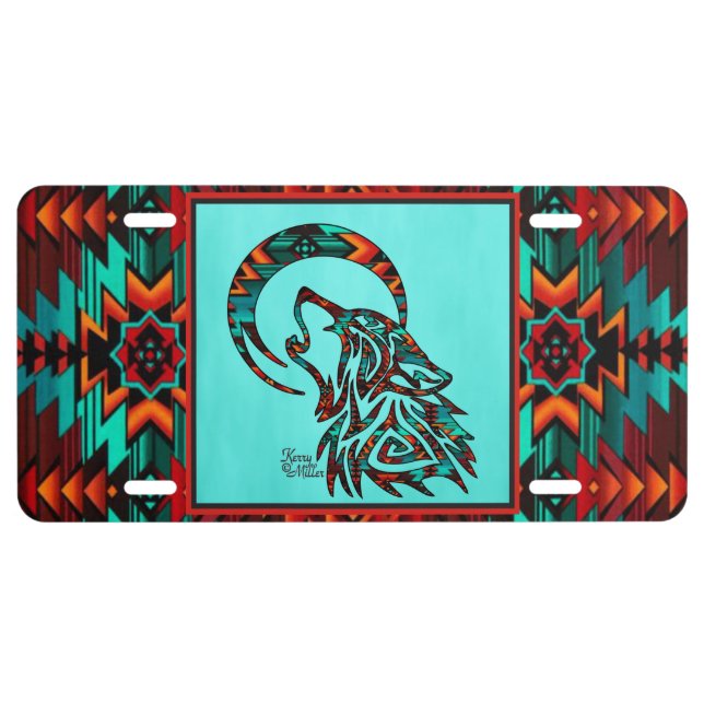 Tribal Wolf Howling At The Moon License Plate (Front)