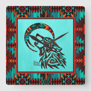 Tribal Wolf Howling At The Moon Square Wall Clock