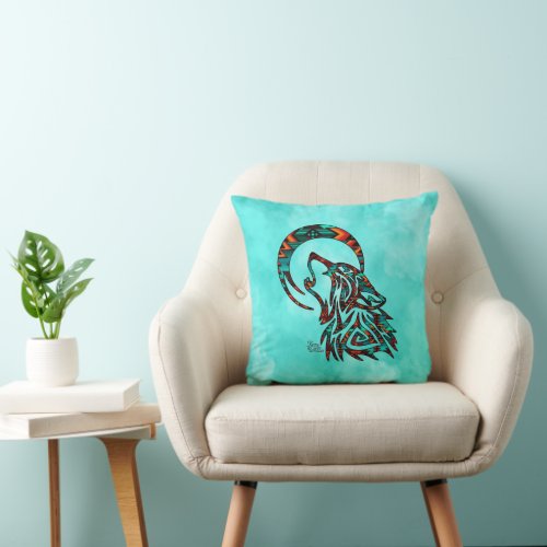 Tribal Wolf Howling At The Moon Throw Pillow