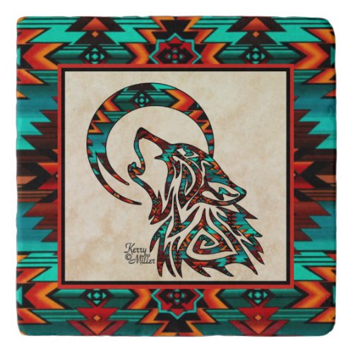Tribal Wolf Howling At The Moon Trivet