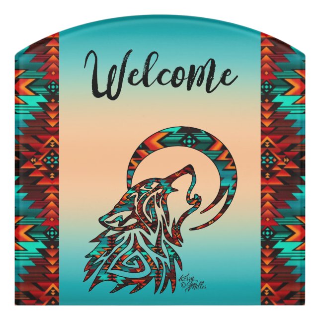 Tribal Wolf Howling At The Moon Welcome Door Sign (Contour Front)