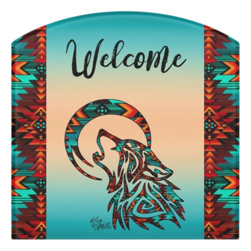 Tribal Wolf Howling At The Moon Welcome Door Sign