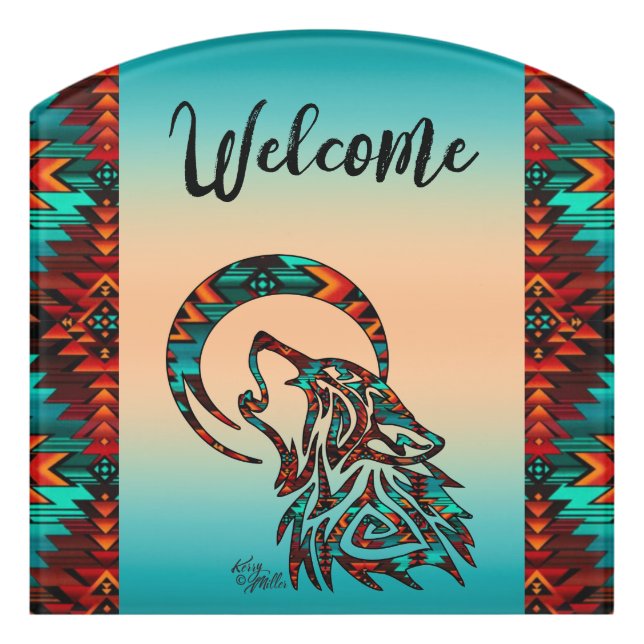 Tribal Wolf Howling At The Moon Welcome Door Sign (Contour Front)