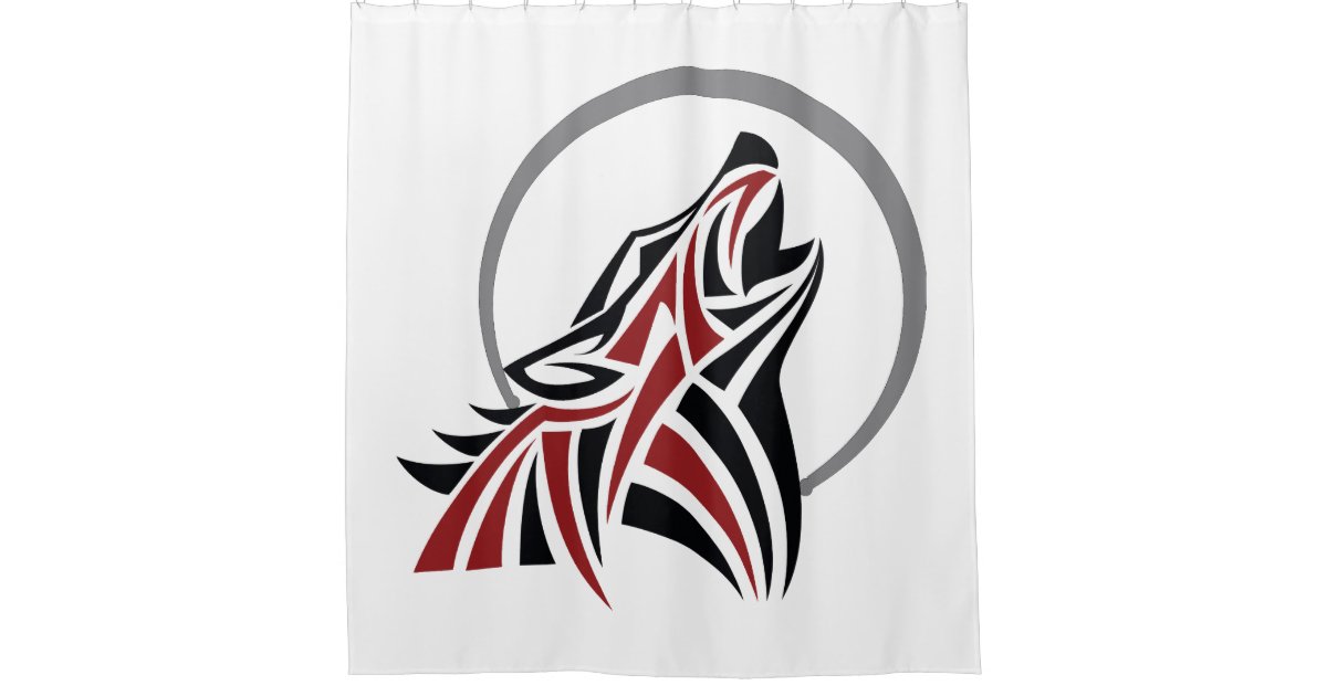 Tribal Wolf Howling Red Black Grey Moon Shower Curtain