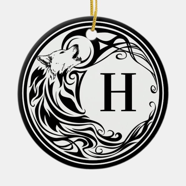 Tribal Wolf Monogram Ceramic Ornament (Front)