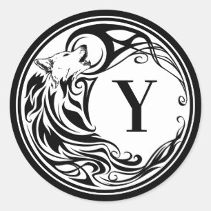 Tribal Wolf Monogram Classic Round Sticker