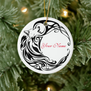 Tribal Wolf Personalized Name Ceramic Ornament