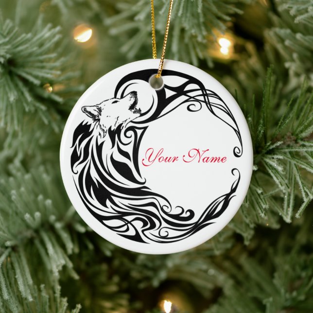 Tribal Wolf Personalized Name Ceramic Ornament (Tree)