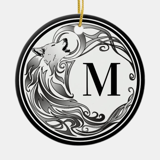 Tribal Wolf - Shaded Monogram Ceramic Ornament (Front)