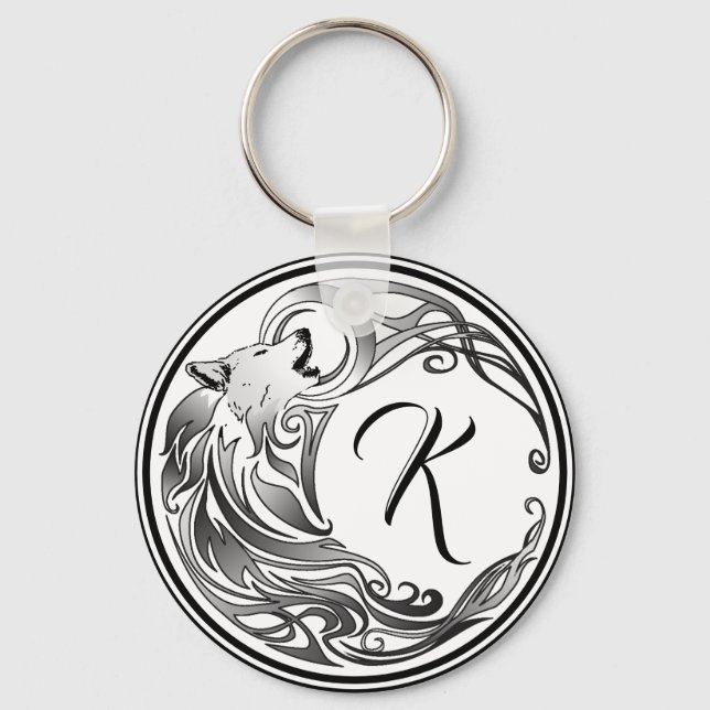 Tribal Wolf Shaded Monogram Keychain (Front)