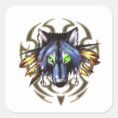 Tribal wolf tattoo design square sticker