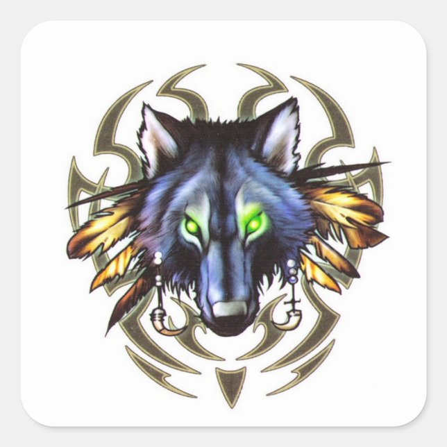 Tribal wolf tattoo design square sticker (Front)
