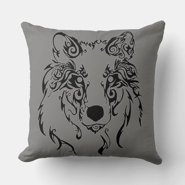 Tribal Wolf Throw Pillow (Front)