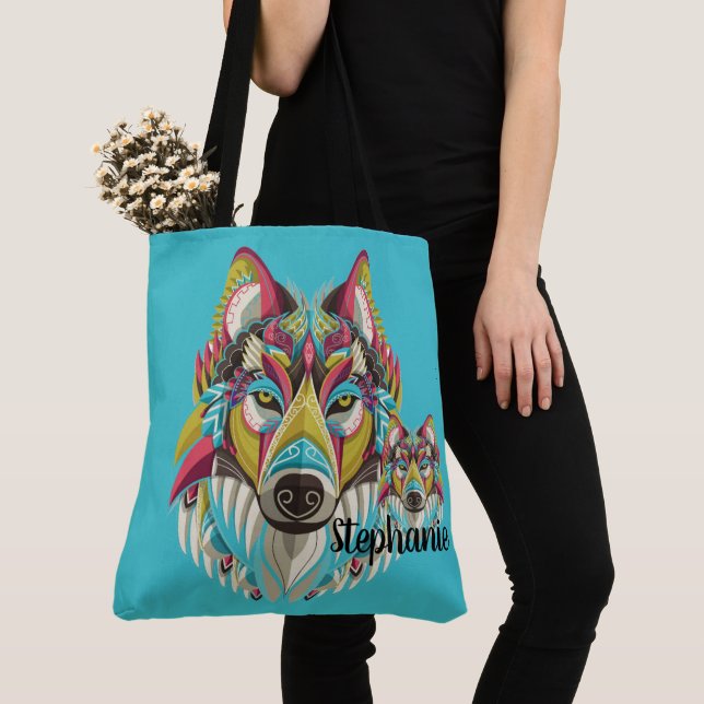 Tribal Wolf Tote Bag (Close Up)