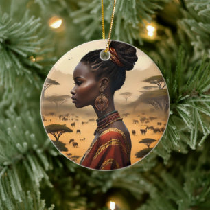 Tribal Woman Watching Over Her African Landscape, Ceramic Ornament