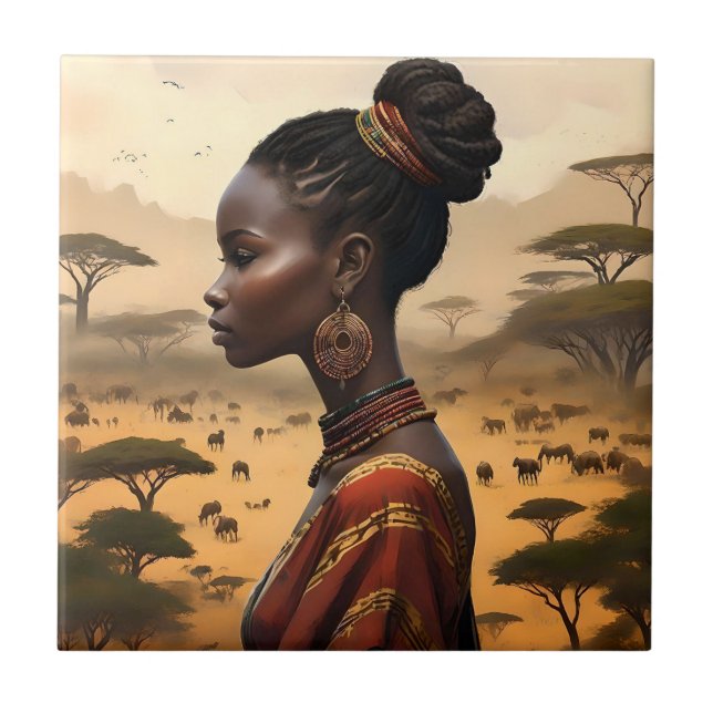Tribal Woman Watching Over Her African Landscape, Ceramic Tile (Front)