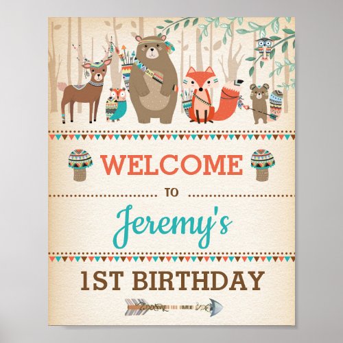 Tribal Woodland Animal 1st Birthday WILD ONE Party Poster