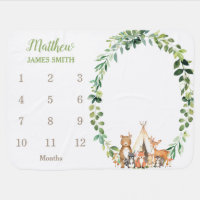 Tribal Woodland Animal Greenery Monthly Milestone Baby Blanket