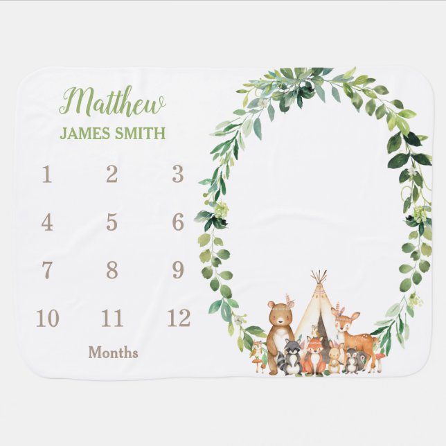 Tribal Woodland Animal Greenery Monthly Milestone Baby Blanket (Horizontal)