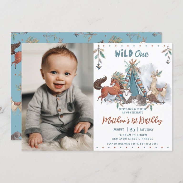 Tribal Woodland Animal Wild One 1st Birthday Photo Invitation