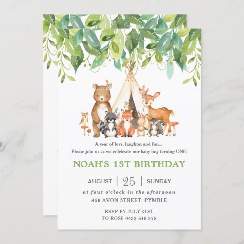 Tribal Woodland Animals 1st Birthday Greenery Invitation