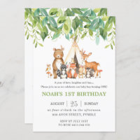 Tribal Woodland Animals 1st Birthday Greenery Invitation