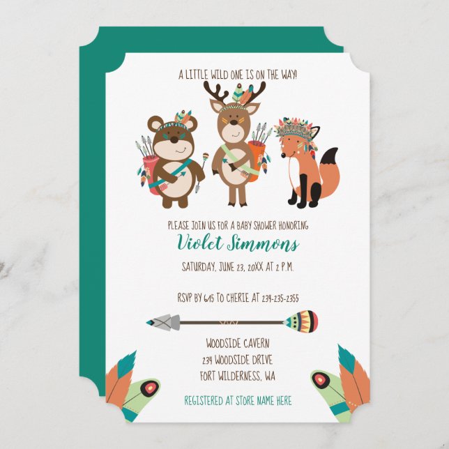 Tribal Woodland Animals Aqua Baby Shower Invite (Front/Back)