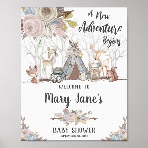 Tribal Woodland Animals Baby Girl Shower Welcome Poster