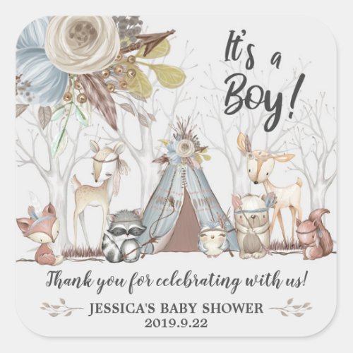 Tribal Woodland Animals Baby Shower Boy Thank You Square Sticker