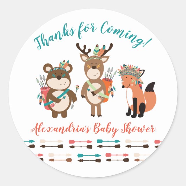 Tribal Woodland Animals Baby Shower Favor Stickers (Front)