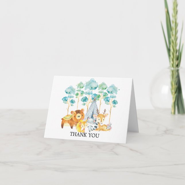 Tribal Woodland Animals Baby Shower Thank You Note (Front)