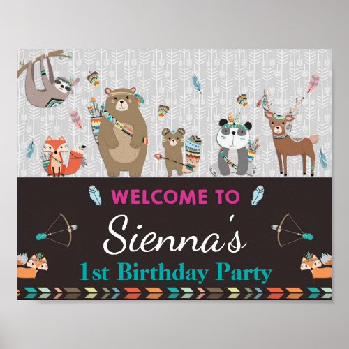 Tribal Woodland Animals Birthday Welcome Sign Girl