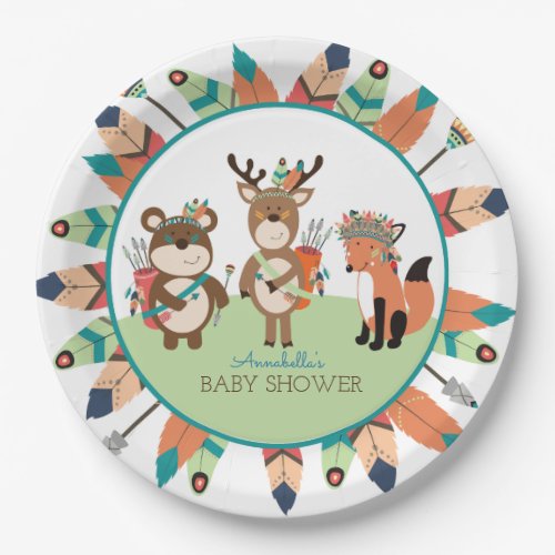 Tribal Woodland Animals Boho Feather Paper Plate