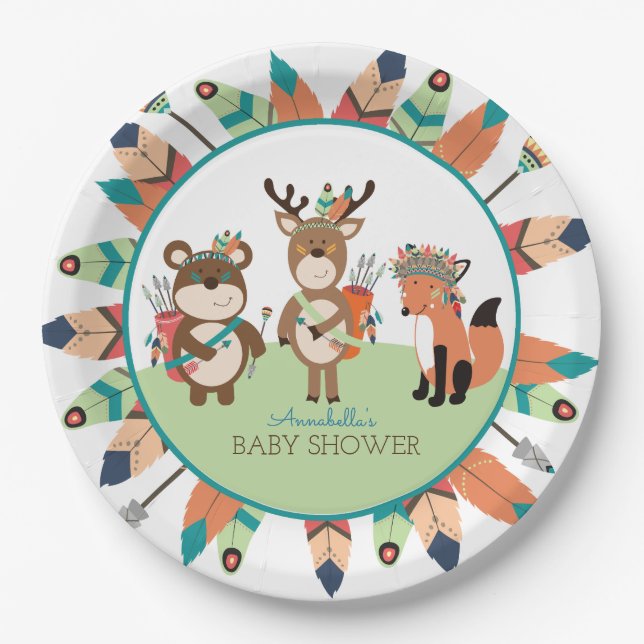 Tribal Woodland Animals Boho Feather Paper Plate (Front)