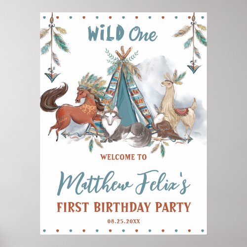 Tribal Woodland Animals Boy 1st Birthday Wild One Poster