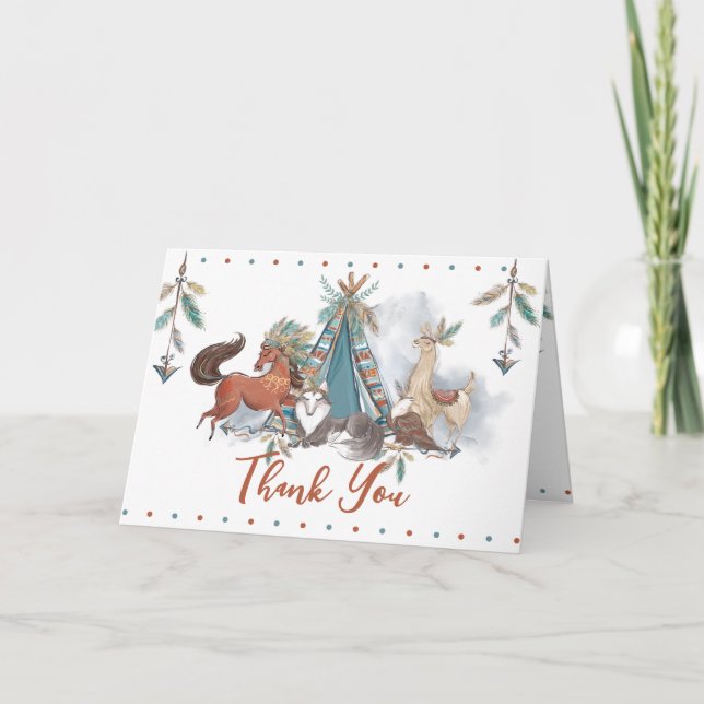 Tribal Woodland Animals Boy Baby Shower Birthday  Thank You Card (Front)