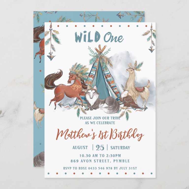 Tribal Woodland Animals Boy Wild One 1st Birthday Invitation