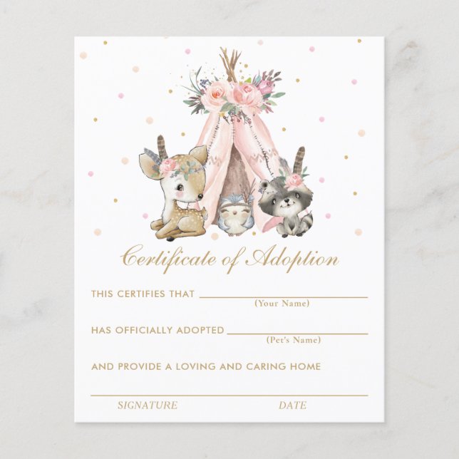 Tribal Woodland Animals Certificate of Adoption (Front)