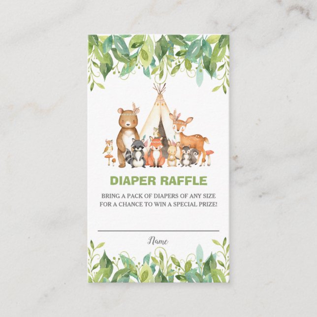 Tribal Woodland Animals Greenery Diaper Raffle Enclosure Card (Front)