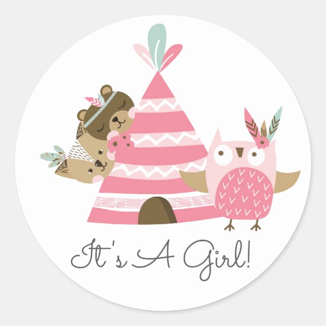 Tribal Woodland Animals It' a Girl Favor Sticker (Front)